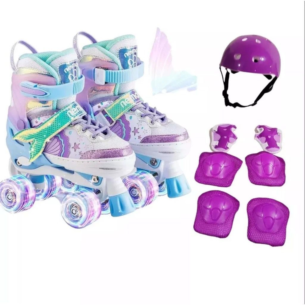 Patins Infantil Roller 4 Rodas Ajustável Leds Nas Rodinhas Lançamento COM OU SEM kit Proteção
