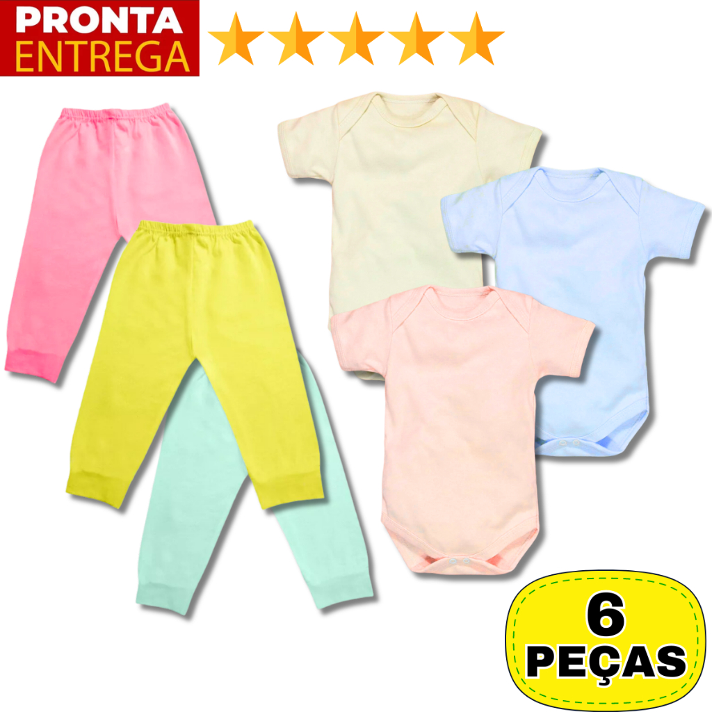 Kit 6 Peças Mijão E Body Manga Curta Liso Infantil Bebê