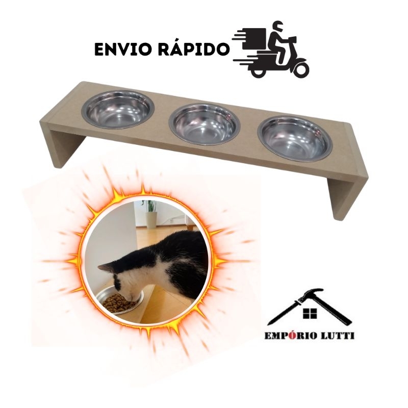 Comedouro triplo para gatos em mdf natural ecologico e potes em aluminio reforçado