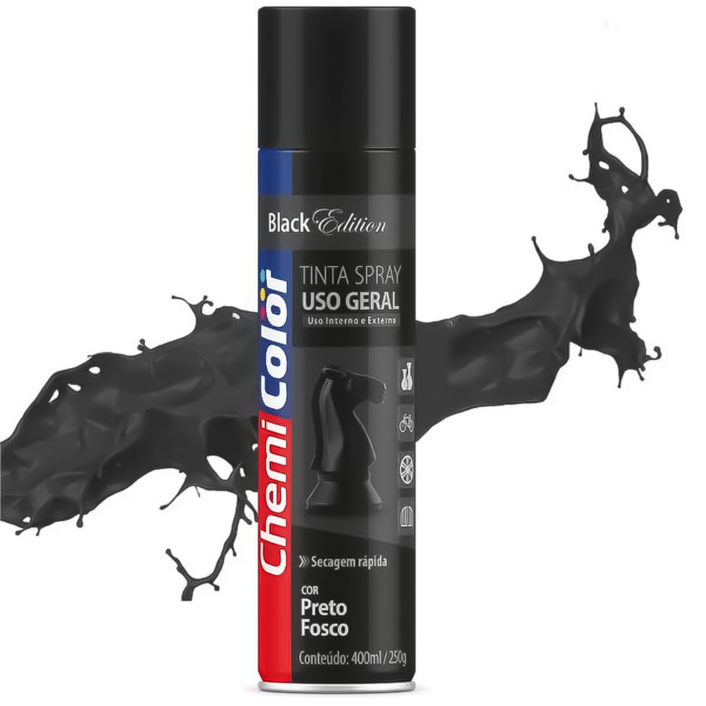 Tinta Spray Preto Fosco Uso Geral ChemiColor Uso Interno/Externo Secagem Rápida 400mL/250g em Oferta na Shopee