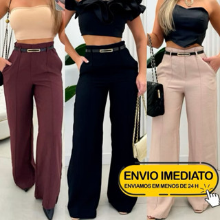 Calça Pantalona Social Alfaiataria Com Cinto De Couro Fino