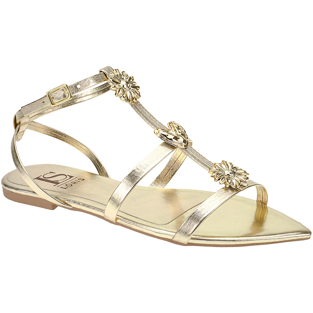 Sandália Rasteira Bico Fino Folha Gladiadora com ABS Dourado Fivela Confortável 26-1775 - Women Shoes