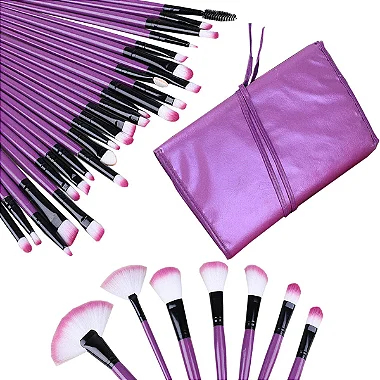 Kit Pincéis Maquiagem Profissional 32 Peças com Estojo Organizador Roxo