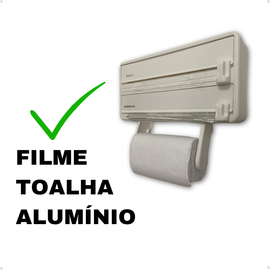 Suporte Papel Toalha Alumínio Filme Cozinha 3x1 Não Enrola Porta Rolo