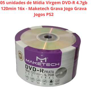 05 unidades de Mídia Virgem DVD-R 4.7gb 120min 16x - Maketech Prata Grava Jogo Grava Jogos PS2 em Oferta na Shopee