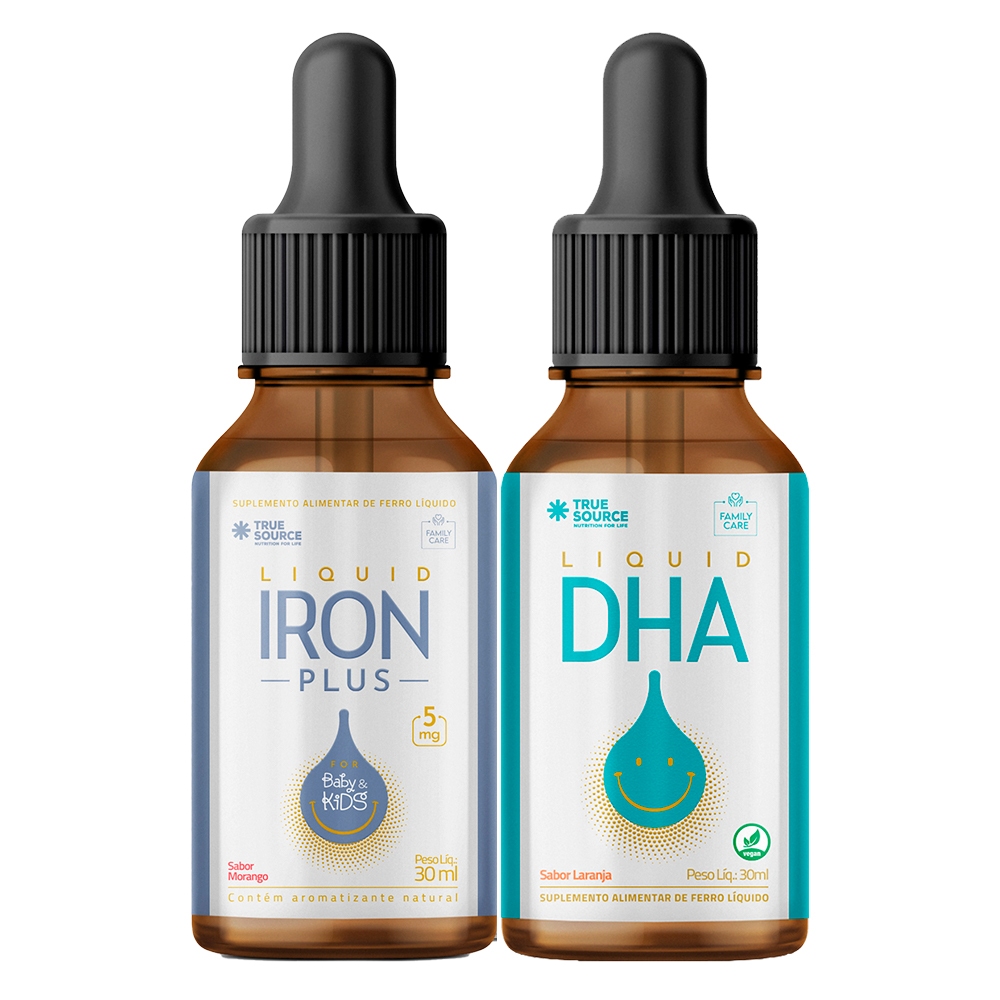 Kit Dha Liquid 30ml Laranja + Iron Plus Liquid 30ml Morango Linha Family Care - True Source