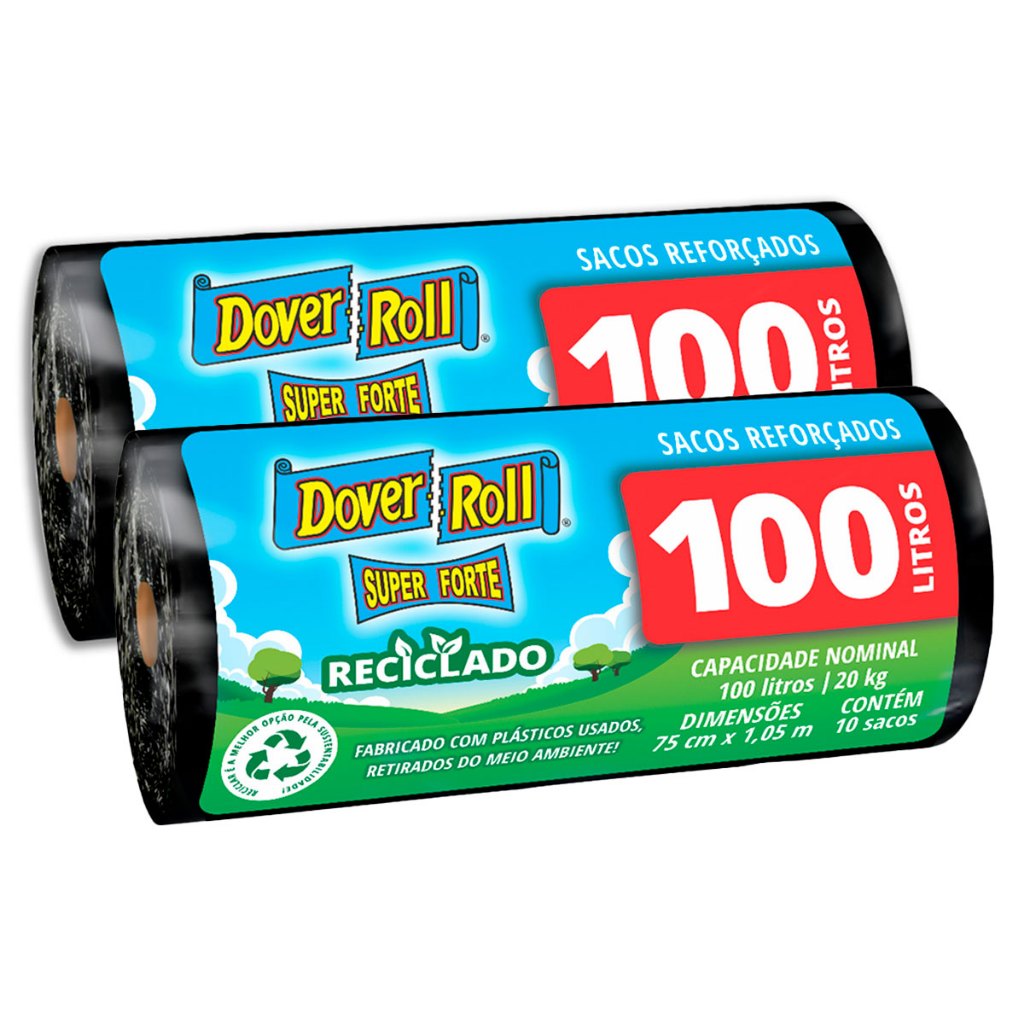 Kit 2 Sacos Para Lixo Super Forte Reciclado 100L 10un F - Dover Roll