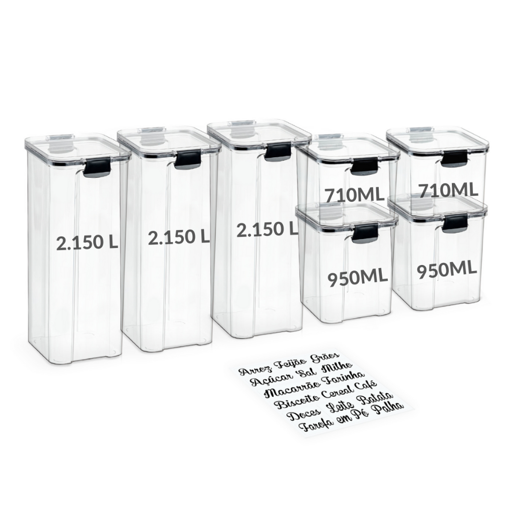 Kit 7 Potes Herméticos para Alimentos Cozinha Dispensa Tampa com Trava + Etiquetas