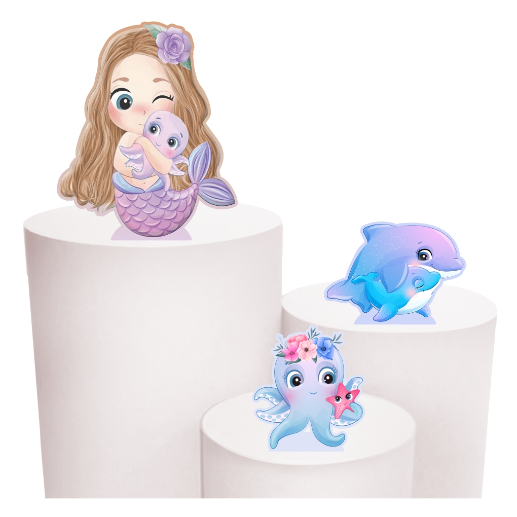 Kit de Display 1 de 30cm+ 2 de 20cm Totens Decoração de Festa Sereia Aquarela Cute MDF Corte  Laser em Oferta na Shopee