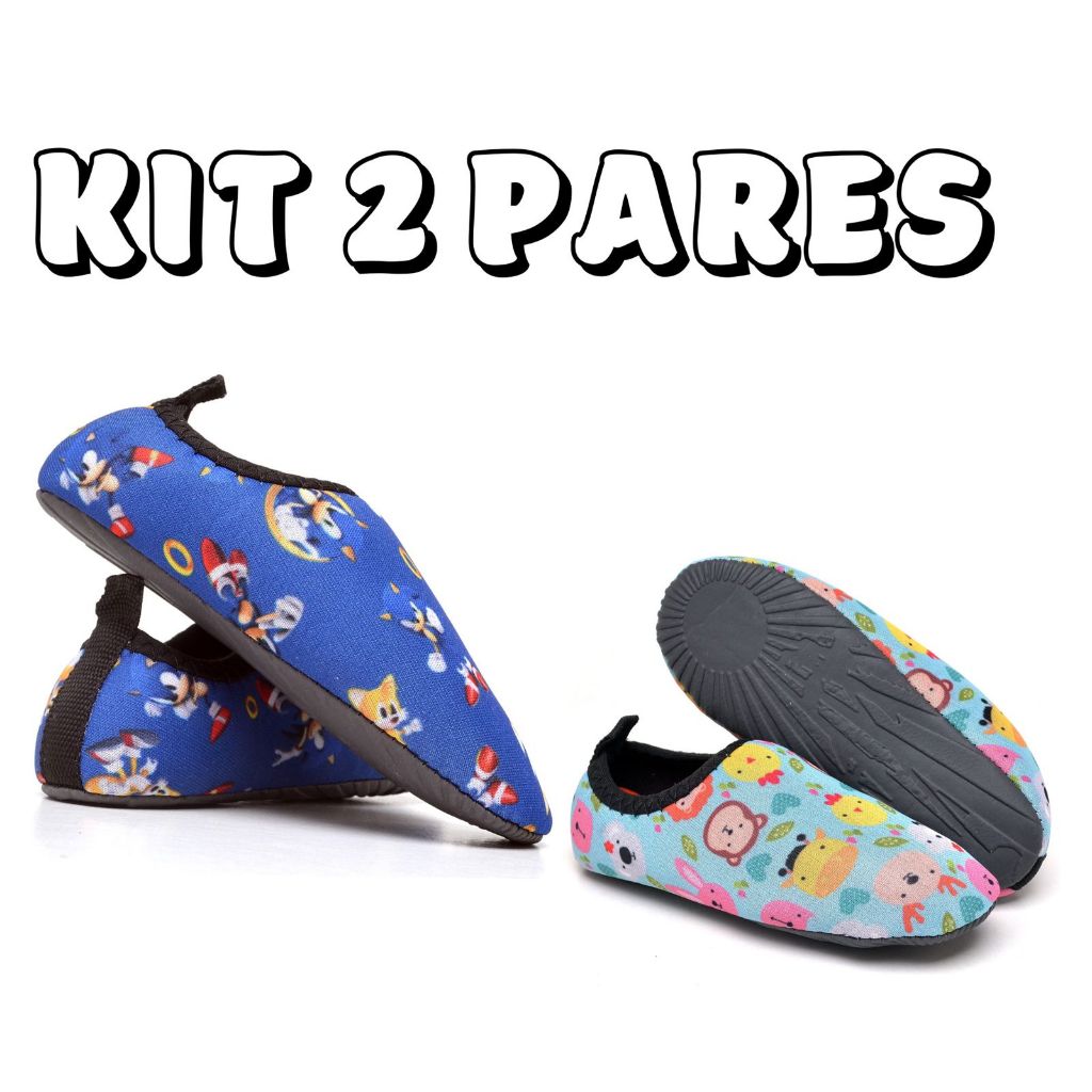 Kit 2x pares Sapatilha Infantil Aquático Desenhos Tenis hibrida Náutica Antiderrapante Infantil Bebê