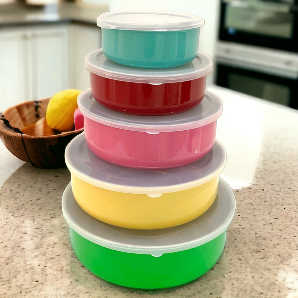 Kit Conjunto 5 Potes Tigelas em Aço Inox Com Tampa de Silicone - Bowl Saladeira para Alimentos e Mantimentos - Hermético