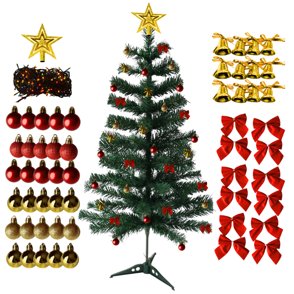 Árvore Natal 120 Cm Verde Grande Com Enfeites Variados Decorada