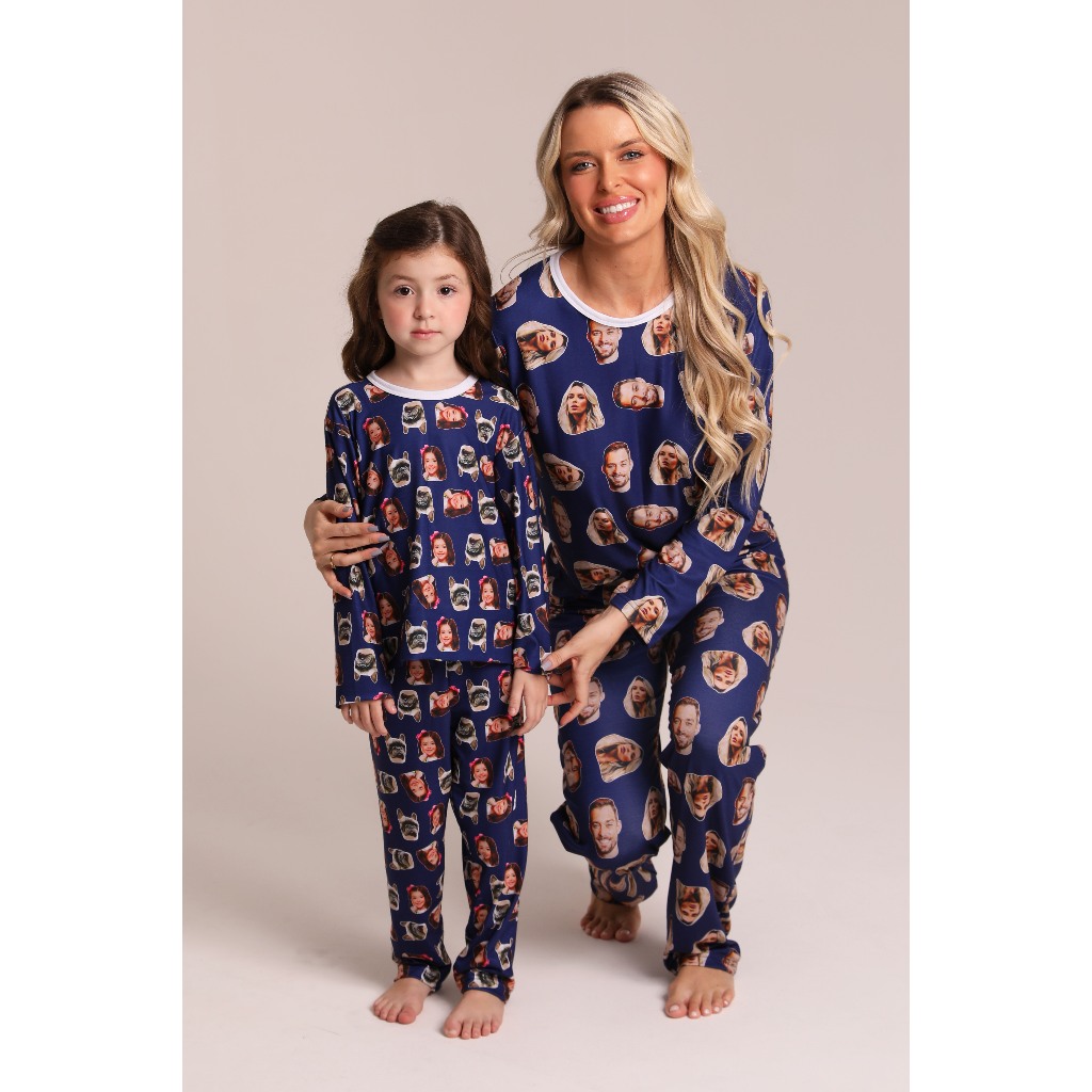Conjunto Pijama Personalizado Inverno Tal Mãe, Tal Filha(o) - Pijama Longo Fem e Infantil Customizável - Azul Marinho