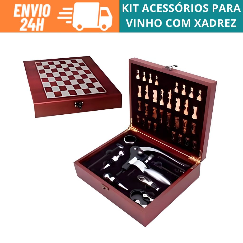 Kit Acessórios Para Vinho 9 Peças Inox Caixa Com Jogo Xadrez