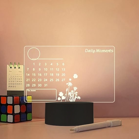 Luminária Lousa 3D em Acrílico, Pilha USB Decoração Criativa com Calendário Caneta Com Apagador Mesa Escritório com controle RGB