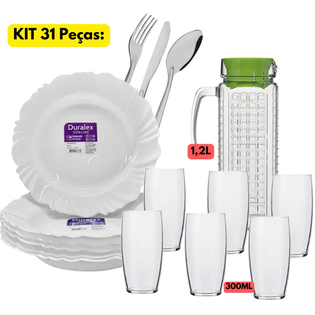 Jogo Kit 31 Peças 06 Prato Pétala Fundo+06 Copos Oca 300ML+18 Talheres Inox+01 Jarra Ladrilhos 1,2L