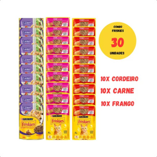 COMBO COM 30 SACHÊS FRISKIES 85G PARA GATOS 3 SABORES - CARNE FRANGO E CORDEIRO em Oferta na Shopee