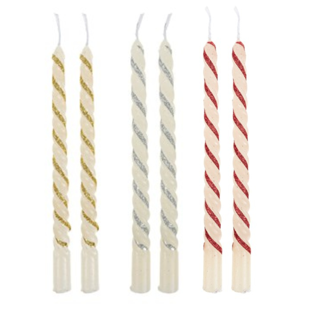 Kit 2 Velas 20cm Decorativa Castiçal com glitter Vermelha prata dourada Retorcida  decoração