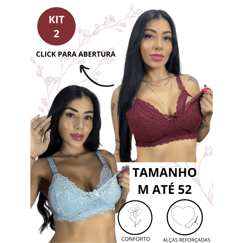 KIT C/ 2 Sutiã de Amamentação de Renda Reforçado Comum e Plus Size Pós Parto Gestante
