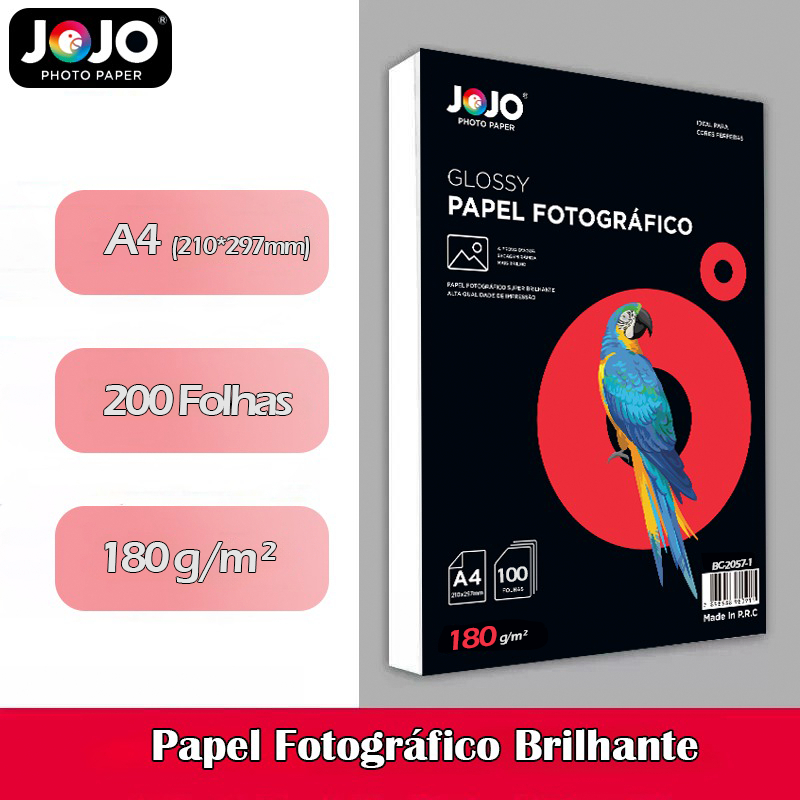 200 Folhas GLOSSY 180g A4 Papel Fotográfico Brilhante Resistente a Água JOJO BRASIL