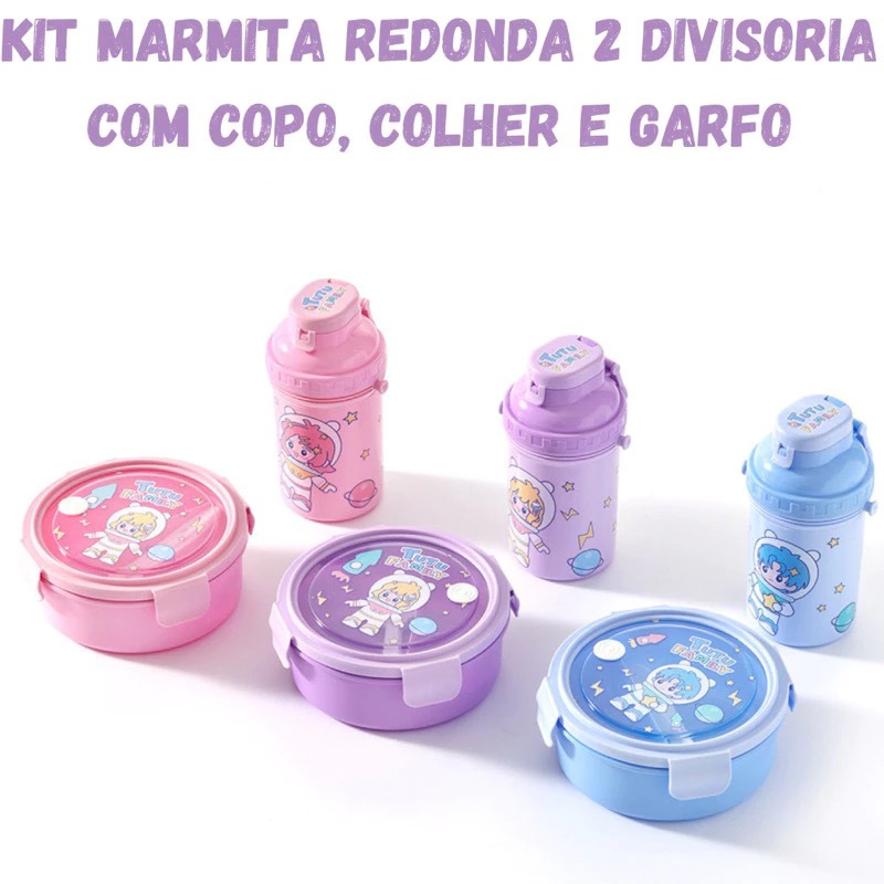 Marmita e garrafa Infantil Redonda Com Divisória Plástica + Talher Alimento Lanche Criança