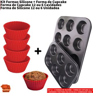 Kit 12 ou 6 Forminhas de Silicone Não Gruda + Forma de Cupcake 12 ou 6 Cavidades Antiaderente Empada em Oferta na Shopee