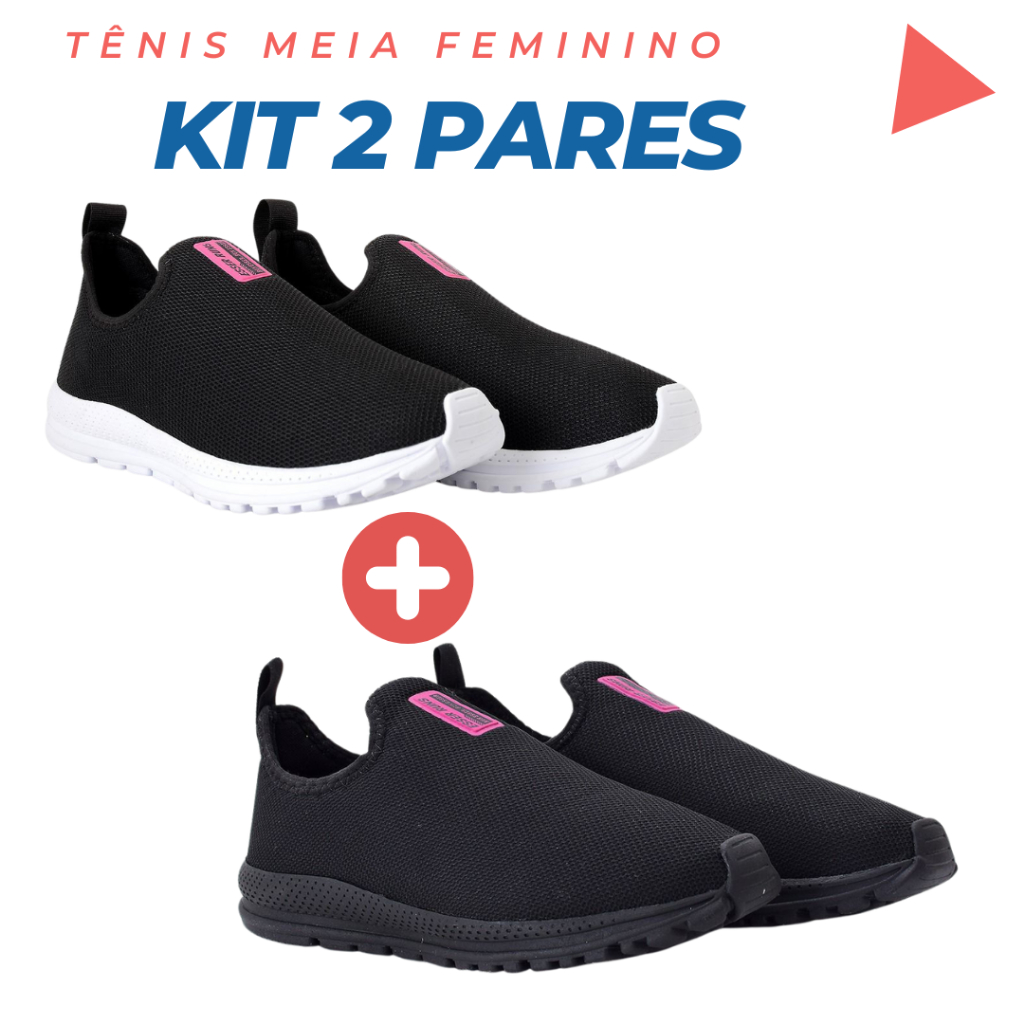 Kit 2 Pares Tênis Meia Feminino Slip On Calce Fácil Ortopédico Esportivo Casual