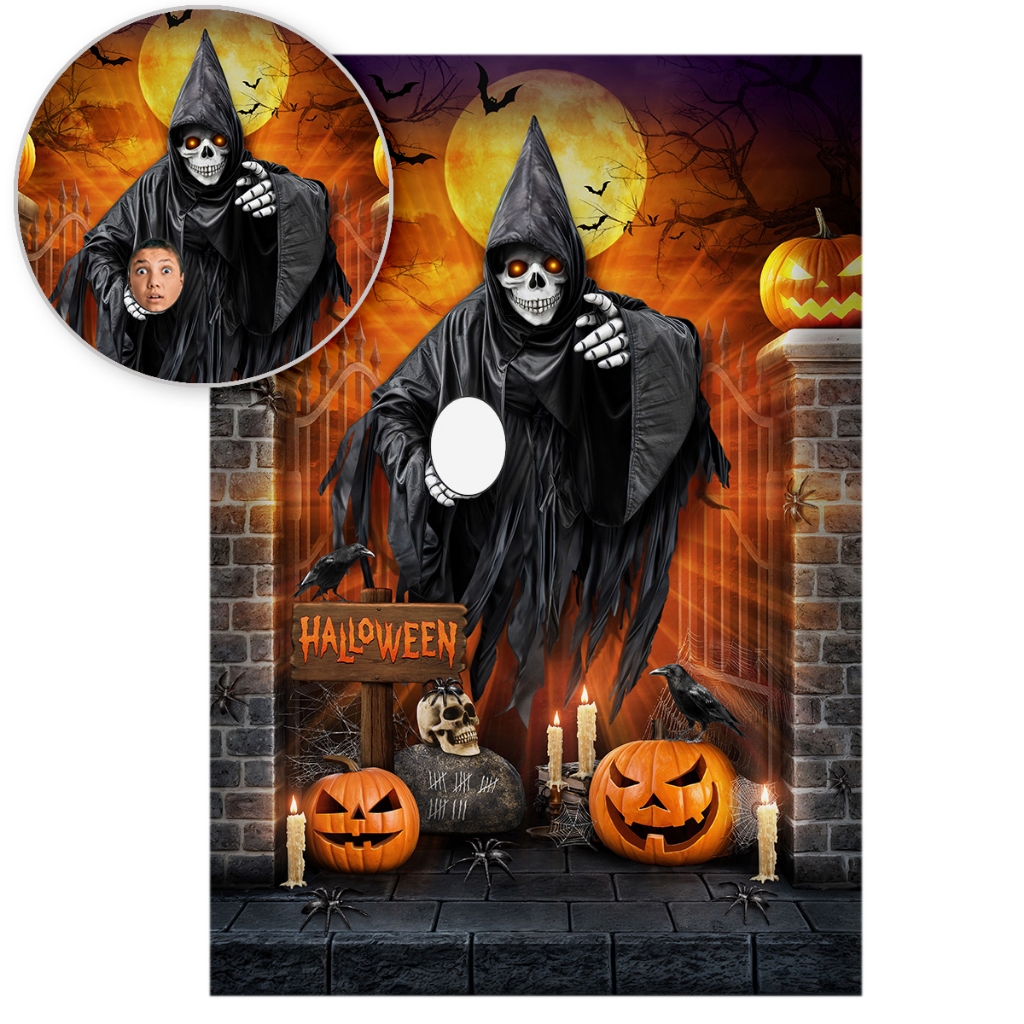 Painel Retangular Vazado Halloween Lateral Caveira Interativo Sublimado Em Tecido 1,5x2,2m em Oferta na Shopee