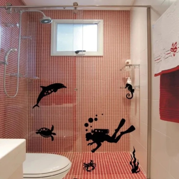 Adesivo Decorativo Para Box Banheiro Mergulhador Cavalo Marinho Tartaruga Golfinho Carangueijo