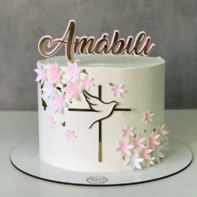topper topo de bolo batizado/batismo personalizado nome 3d em camadas cruz dourada e flores rosas menina delicado