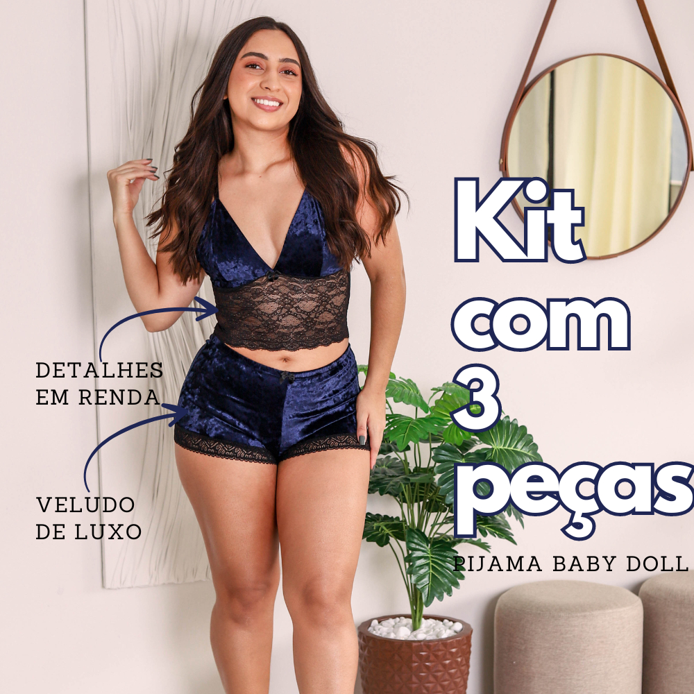 Kit 3 Pijama Baby Doll Feminino | Veludo de Luxo/Renda | Short Doll Top Doll | Lingerie Veludo Sexy em Oferta na Shopee