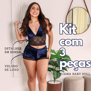 Kit 3 Pijama Baby Doll Feminino | Veludo de Luxo/Renda | Short Doll Top Doll | Lingerie Veludo Sexy em Oferta na Shopee