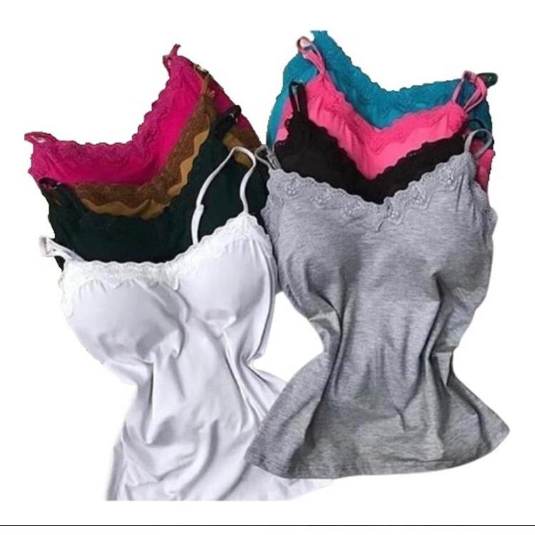 Camiseta Feminina Alcinha Regulável Com Renda e Bojo Em Viscolycra Top