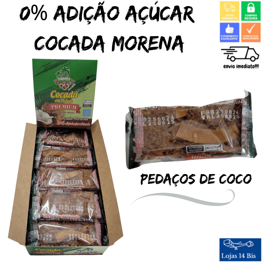 Cocada Morena Artesanal Premium 0% de Adição de Açúcar 15x40g Sabores do Coco em Oferta na Shopee