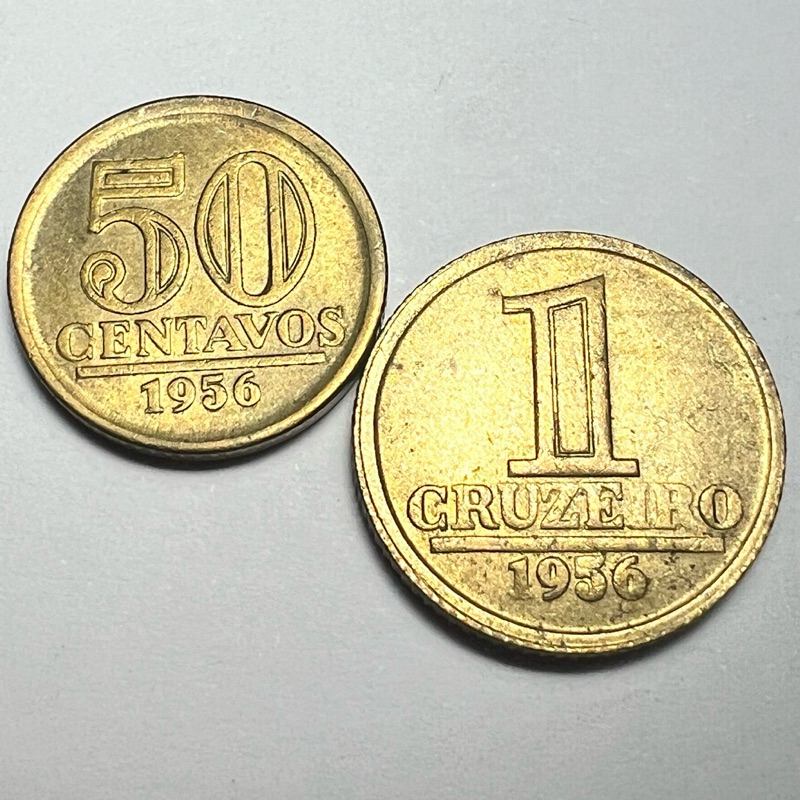 Lote de 2 Moedas 50 Centavos e 1 Cruzeiro 1956 Módulo Reduzido Bronze Alumínio Menor