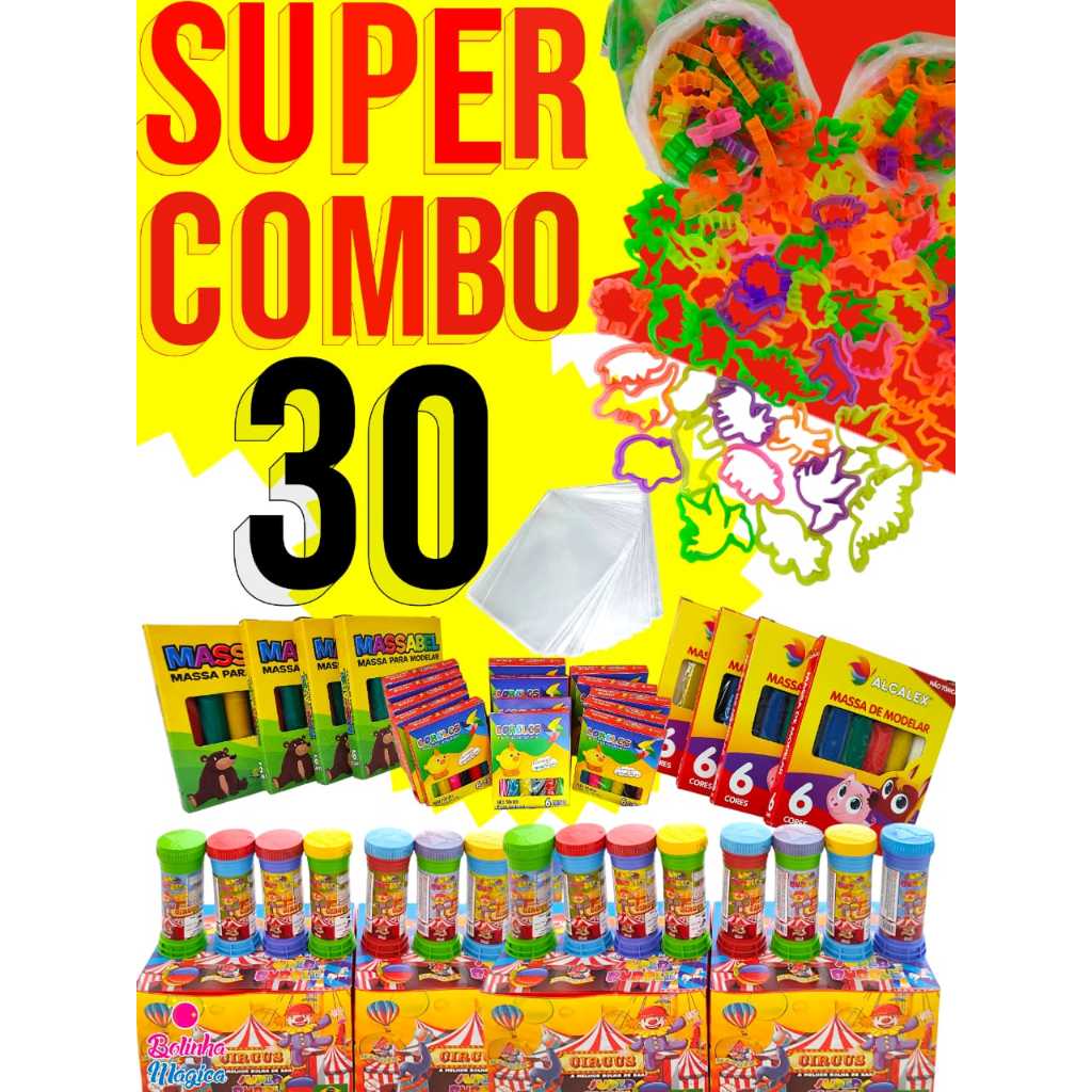 Kit Completo 30 Cx Massinha de Modelar + 30 Bolha de Sabao+ 30 Cortador + 30 Saquinho Lembrancinha em Oferta na Shopee
