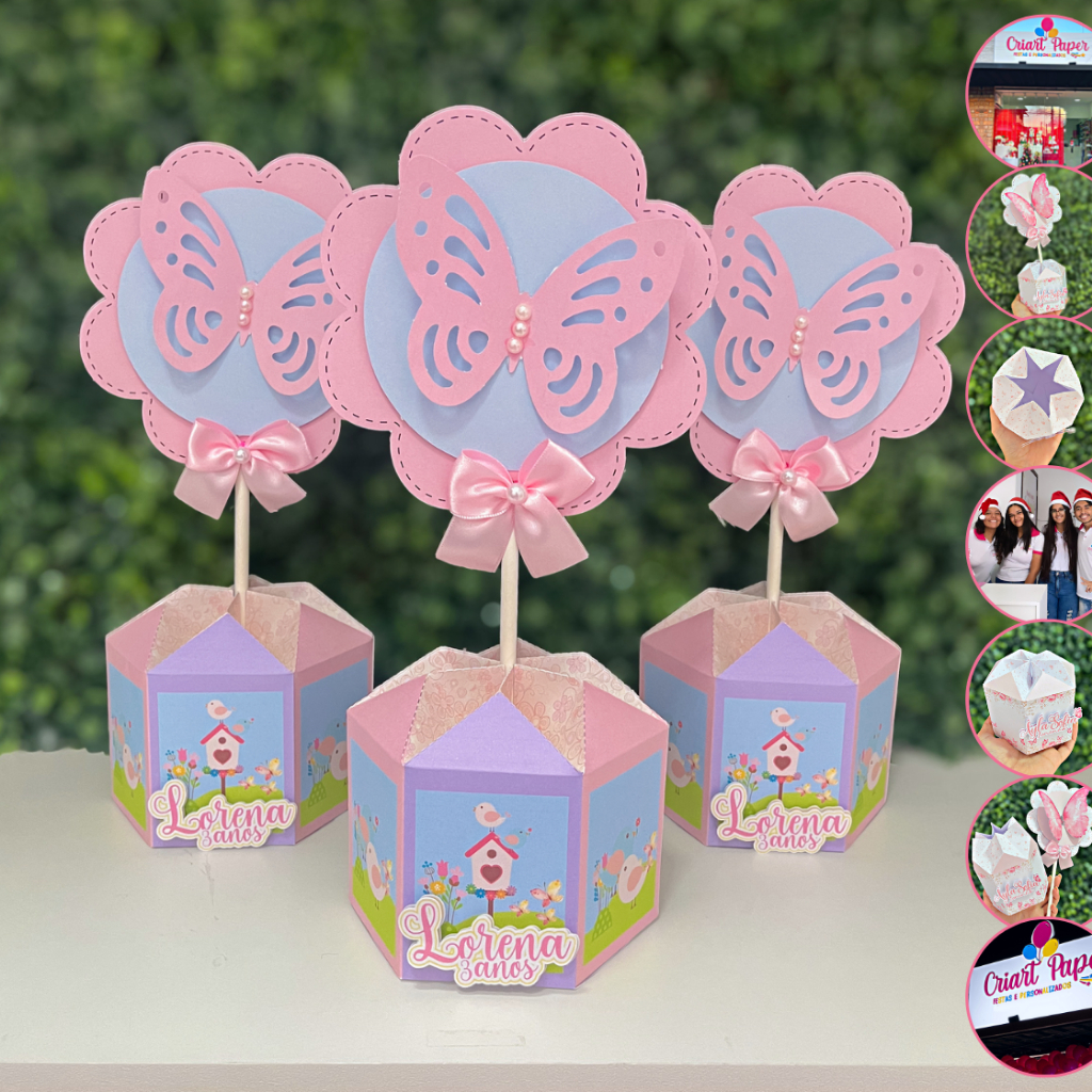Kit de Centro de mesa Jardim Encantado Borboletas Personalizado | Arranjo Cachepô Lembrancinha Festa