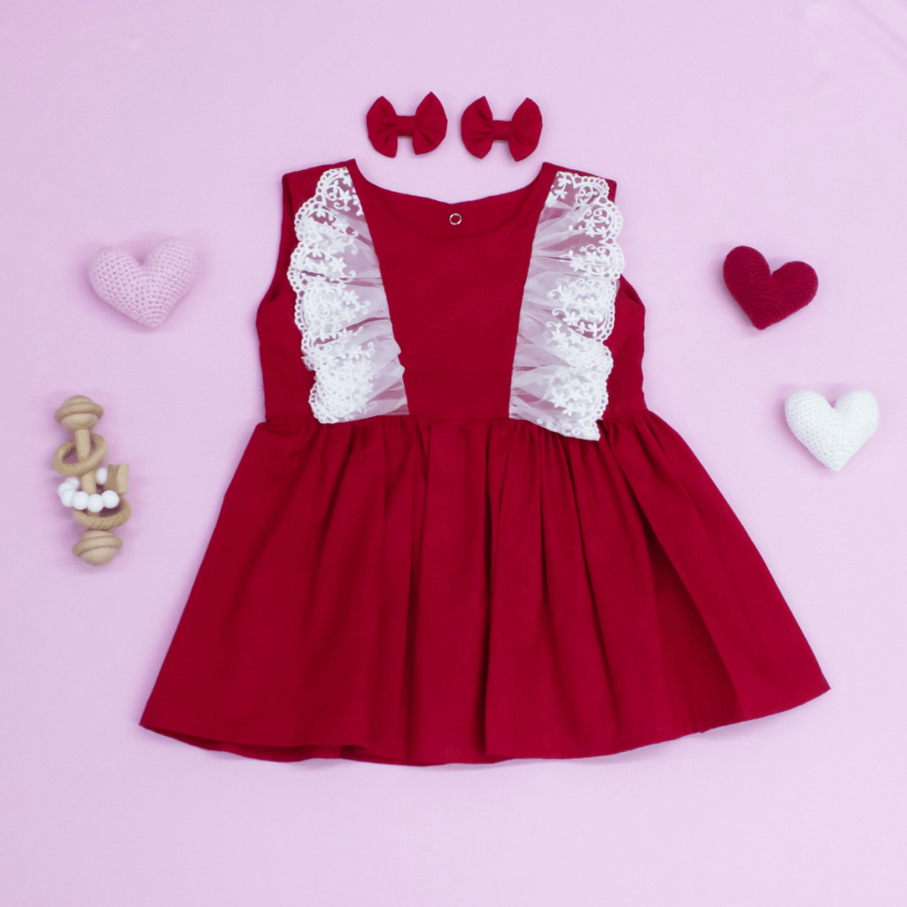 Vestido Bebe Menina Infantil Vermelho Detalhes Renda 100% Algodão Vestido Rodado para Festas Passeio
