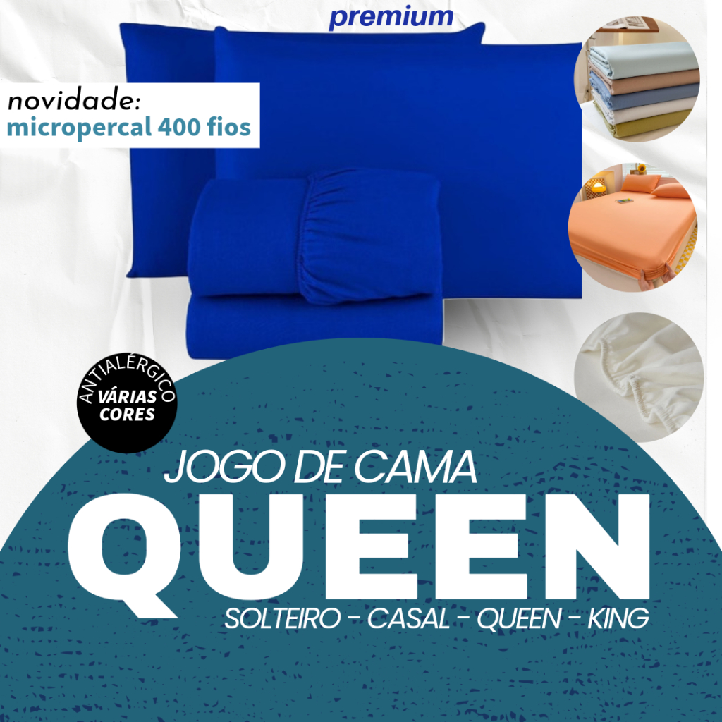 Jogo de Lençol Cama Queen Box MICROPERCAL PREMIUM 3 Peças Liso -  Solteiro / Casal / Queen / King