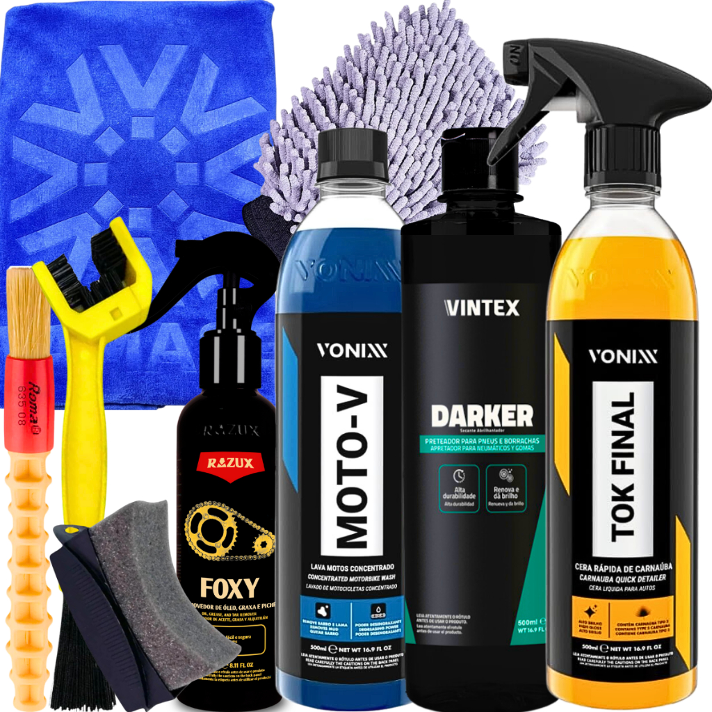 Kit Completo Lavagem De Moto Cera Shampoo Pretinho Vonixx