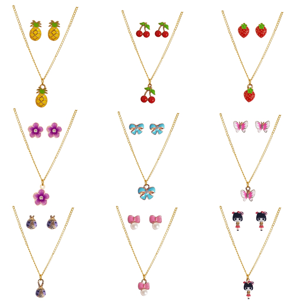 5 Kits Colar E Brincos Infantil Dourado Bijuteria Vários Modelos Menina Lembrança Revenda