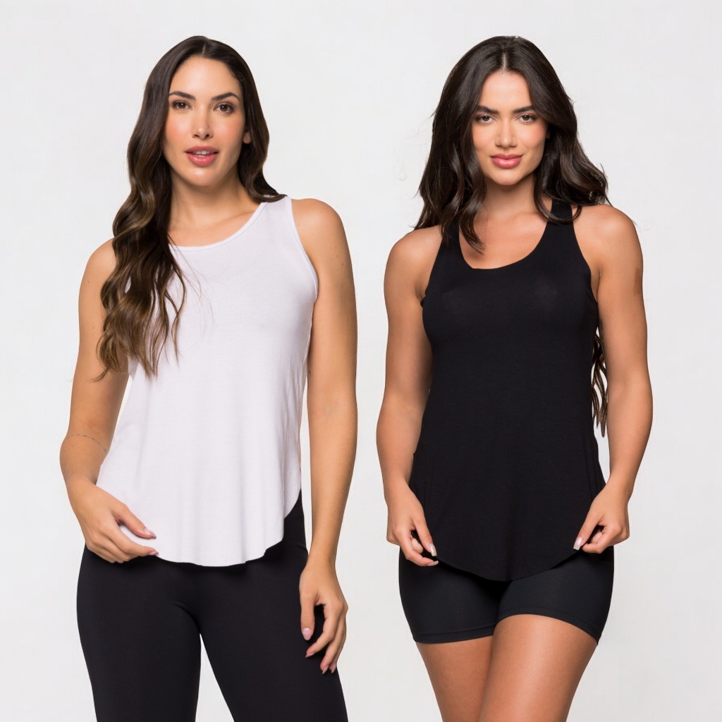 Kit 2 Regatas Recorte Lot Fitness Feminina Academia Viscolycra Basica Preta Lisa Camiseta