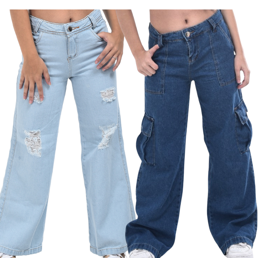 Combo calça cargo + Pantalona jeans wide leg Menina blogueirinha Juvenil 10 ao 16 anos com bolsos