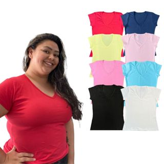 kit 3 blusa feminia plus size basica decote v manga curta, algodão, confortável, moda plus size em Oferta na Shopee