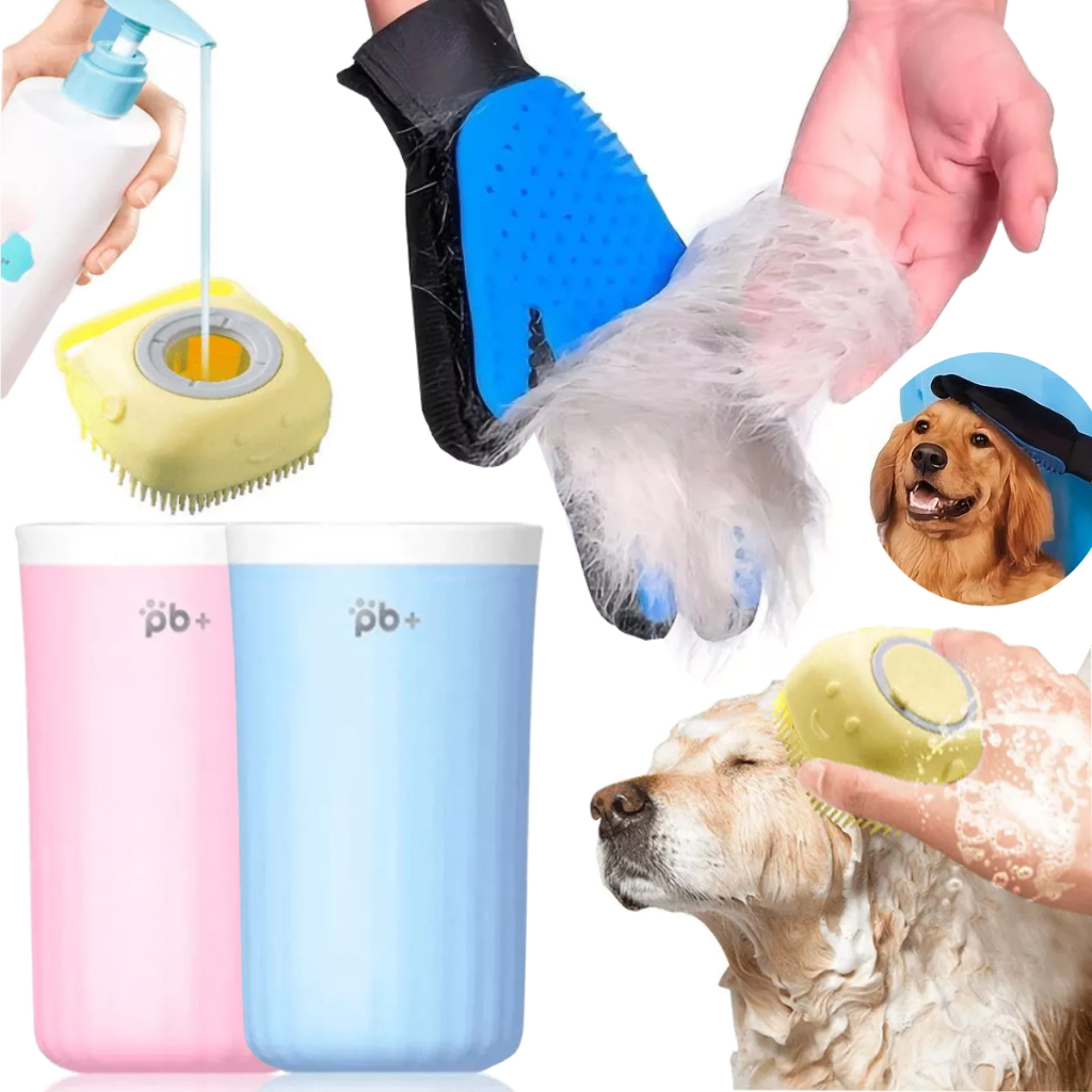 Kit Higiene Pet Copo Limpa Patas Com Luva Tira Pelos E Esponja Banho Dispenser