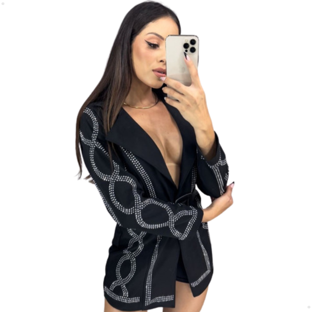 Conjunto Feminino Blazer Em Strass e Shorts Liso Moda Gringa Terninho Social Aberto Elegan...