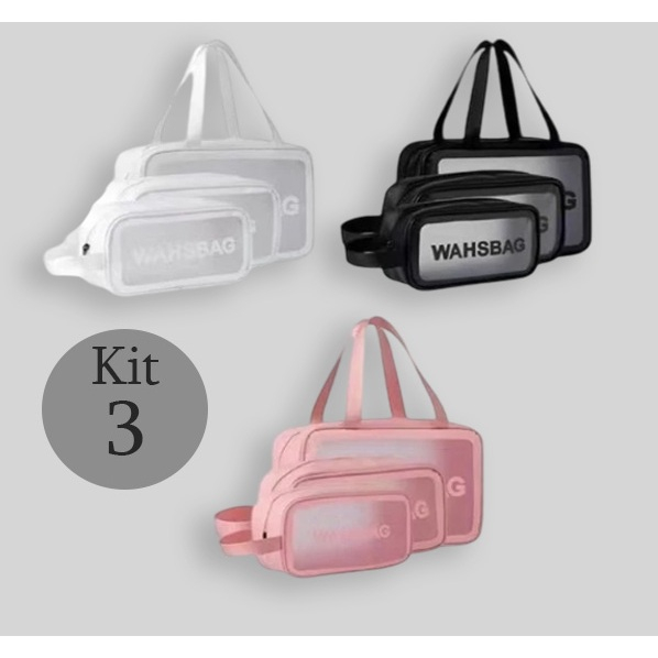 Kit 3 Necessaire Maquiagem Transparente WashBag A Prova De Água Promoção