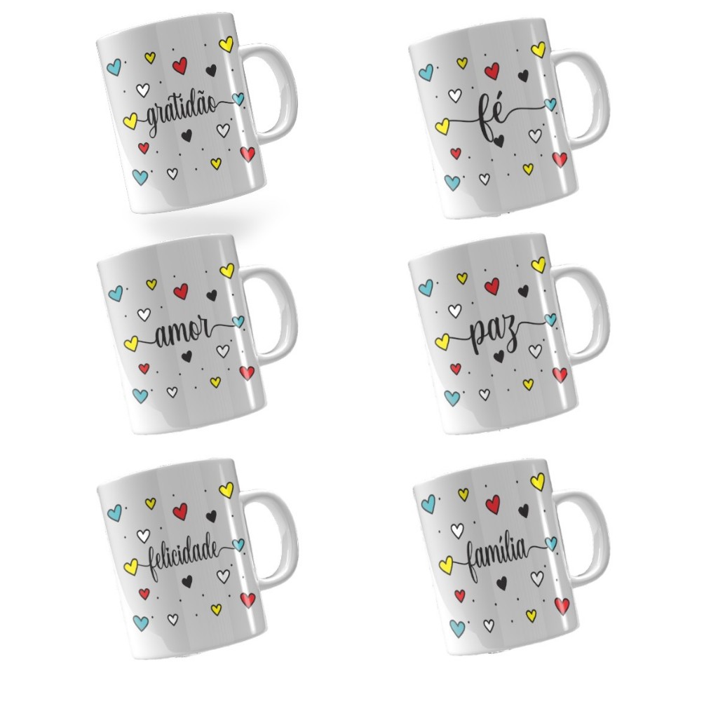 Kit 12 Canecas De Porcelana 120ml - Xicara com Palavras Inspiradoras - Fé, Gratidão, Felicidade, Amor, Paz e Família