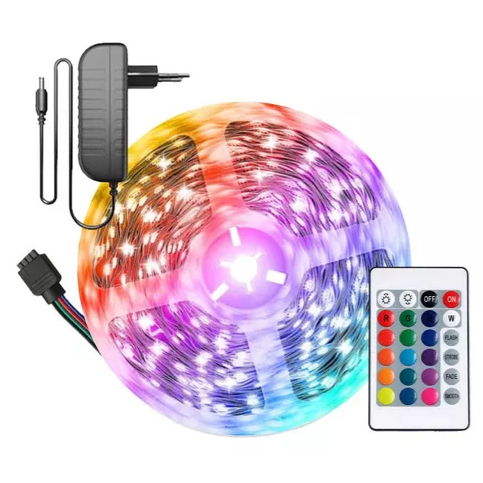 Fita Led Rgb 5 Metros A Prova D Água Com Controle + Fonte 12V RGB Todas as Cores Som Automotivo Casa Carro Residencial