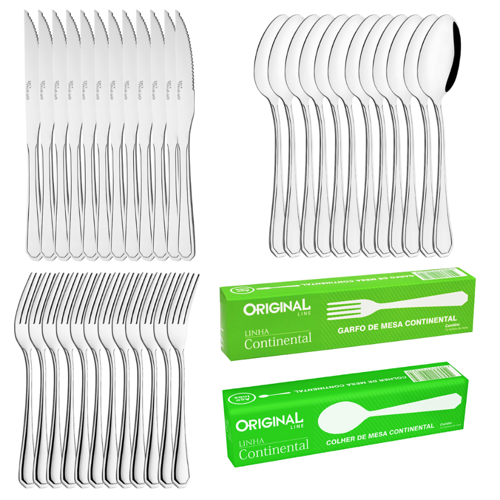 Jogo de Talheres Inox Garfo Faca e Colher de Sopa Mesa C/36pçs Continental Restaurante Lanchonete